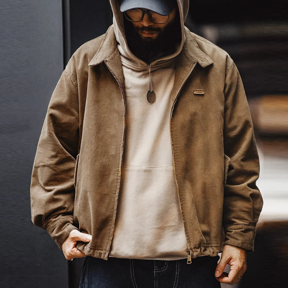 Herren Retro Cord Jacke mit Stehkragen und lässigen Taschen für Herbst