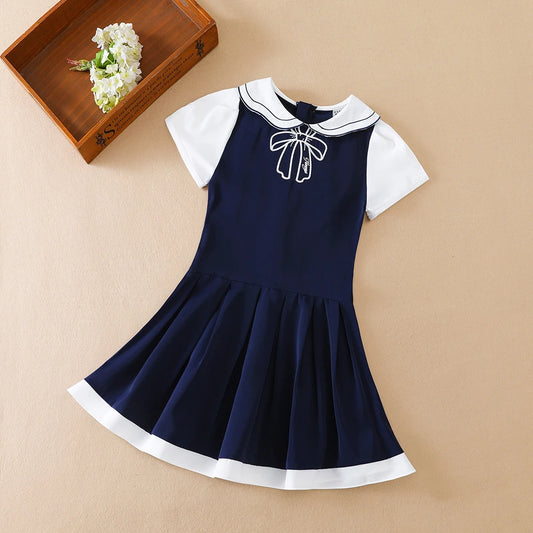 Marineblaues Mädchenkleid mit weißem Kragen und Schleife, kurzärmliges, plissiertes Kleid im Schulstil, Kinderkleidung für 5–12 Jahre