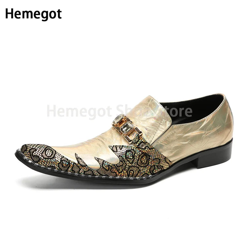 New Pointed Toe Metal Decoration Buckle Men's Gold Brogue Shoes Slip On Genuine Leather Shoes Party Evening Shoes Male