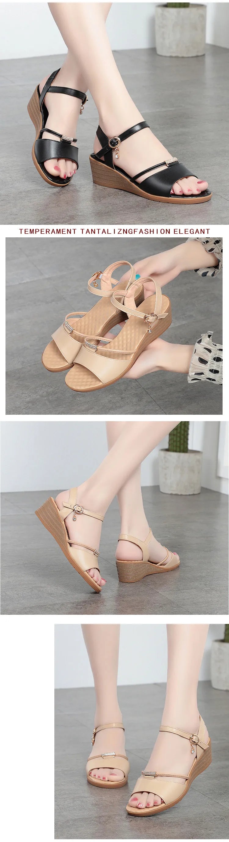 Damen-Sandalen mit Keilabsatz, Sommer, echtes Leder, große Größe 41, 42, 43, Damen-Sandalen, rutschfeste Mutter mittleren Alters, modische Sandalen