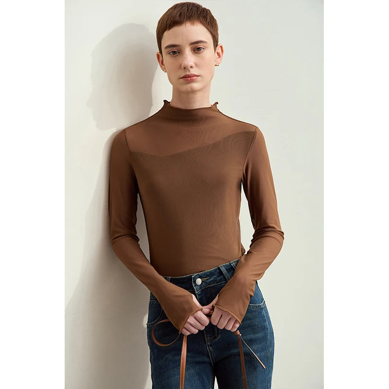 Damen Mesh-T-Shirt im minimalistischen Design mit halbhohem Ausschnitt