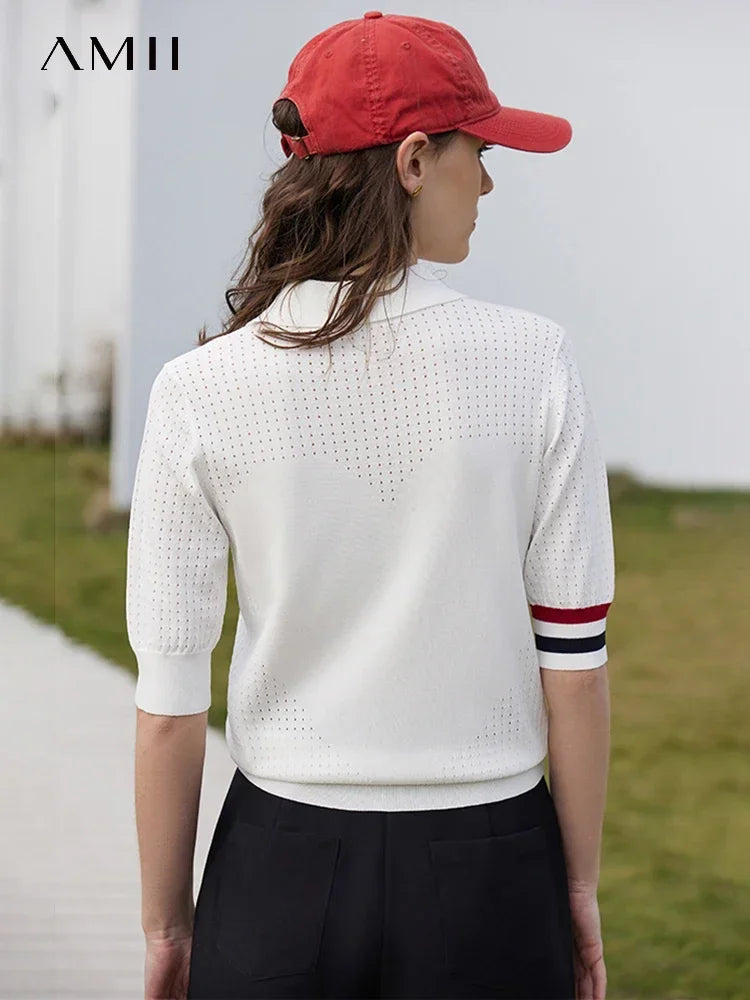 Damen Pullover im Minimalismus-Stil mit Polo-Ausschnitt und Kontrastfarben