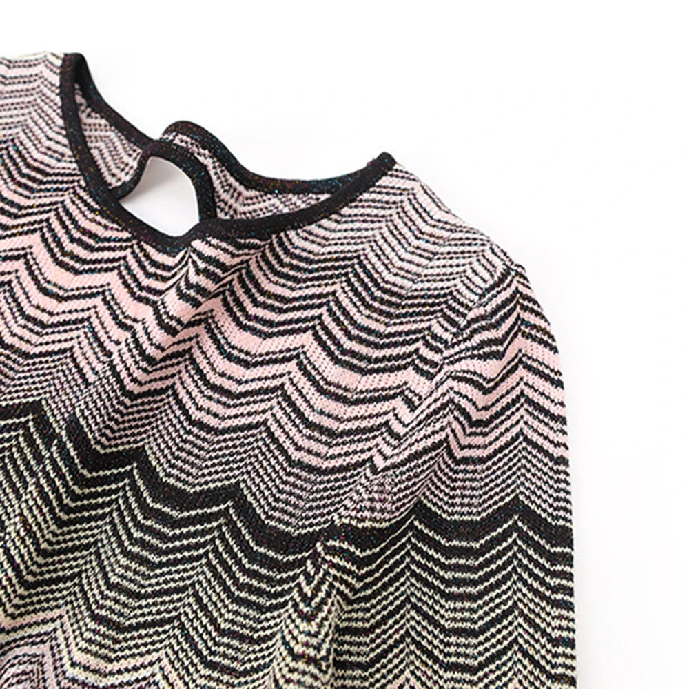 Elegantes Damen-Midikleid mit Rundhalsausschnitt und langen Ärmeln im Patchwork-Design mit Diamantenmuster