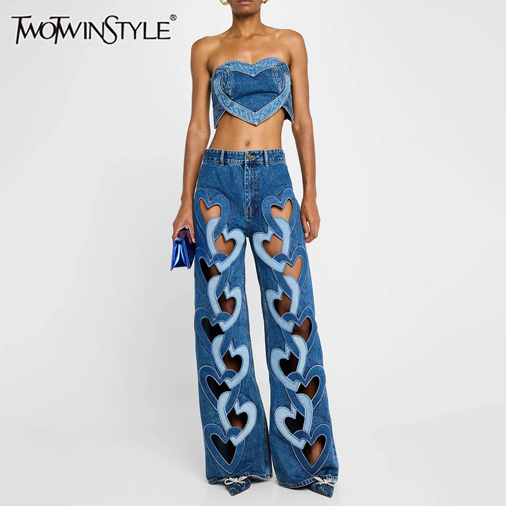 Zweiteiliges Damen-Set mit Reverskragen, Langarm-Top und hoch taillierter Patchwork-Hose mit Hohldesign.