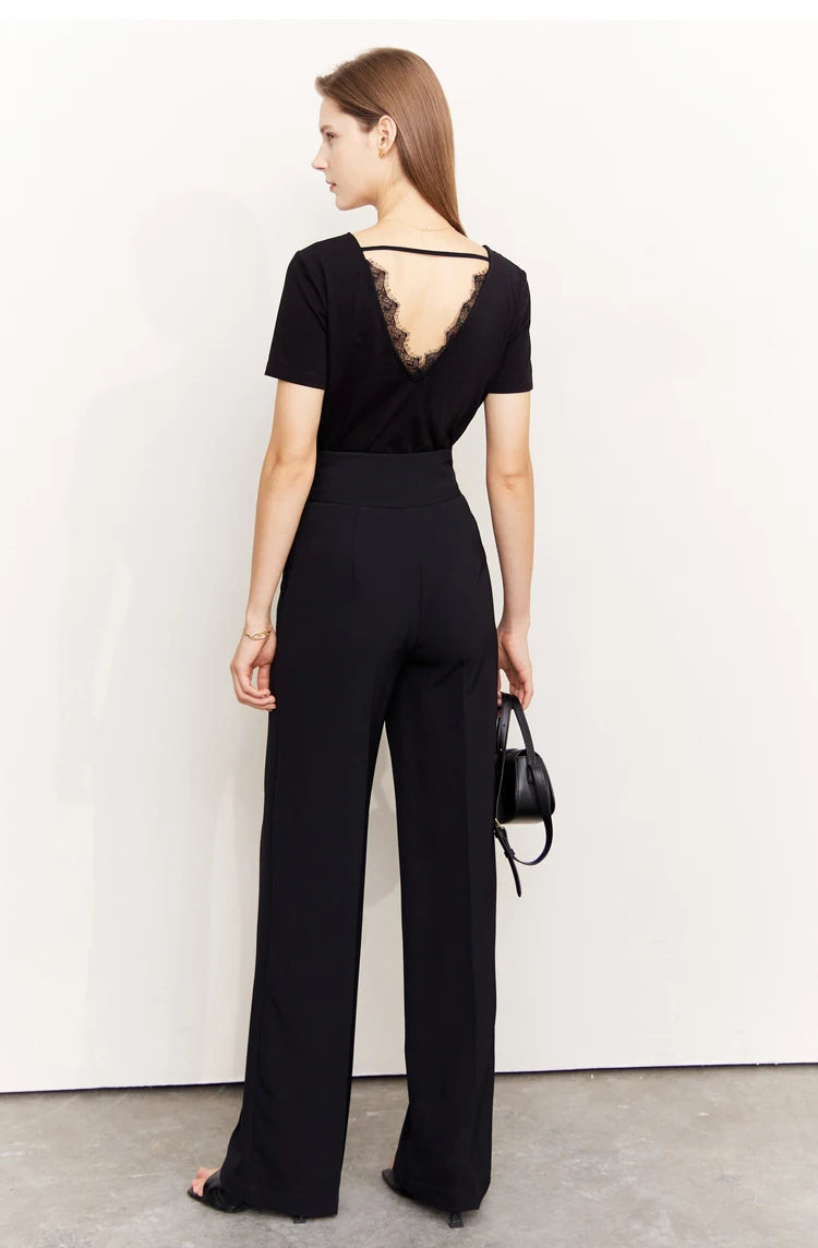 Damen T-Shirt aus mercerisierter Baumwolle mit V-Ausschnitt und Spitzen-Detail