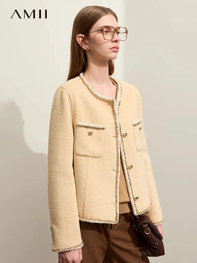 Damen Wollmantel im minimalistischen Stil mit Taschen und Knopfdekoration