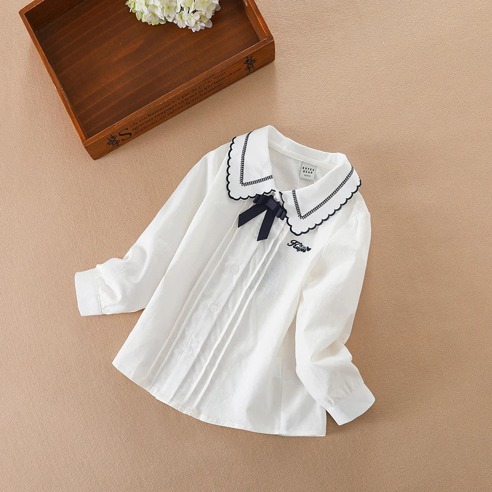 Mädchen weißes Hemd für Kinder Frühling Herbst koreanische Mode Kinder lang ärmel ige süße Schleife T-Shirt Baumwolle lässige Top-Kleidung