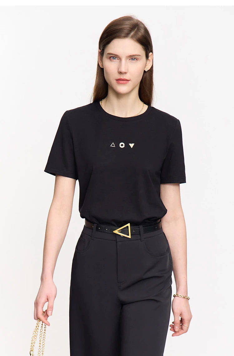 Damen T-Shirt mit O-Ausschnitt und geometrischer Dekoration aus antibakterieller Baumwolle