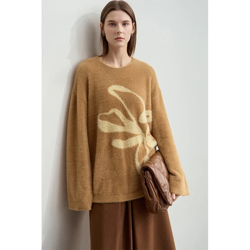 Damen-Jacquardpullover in Kaffee mit beigem Schleifenmuster, Rundhalsausschnitt, Langarm