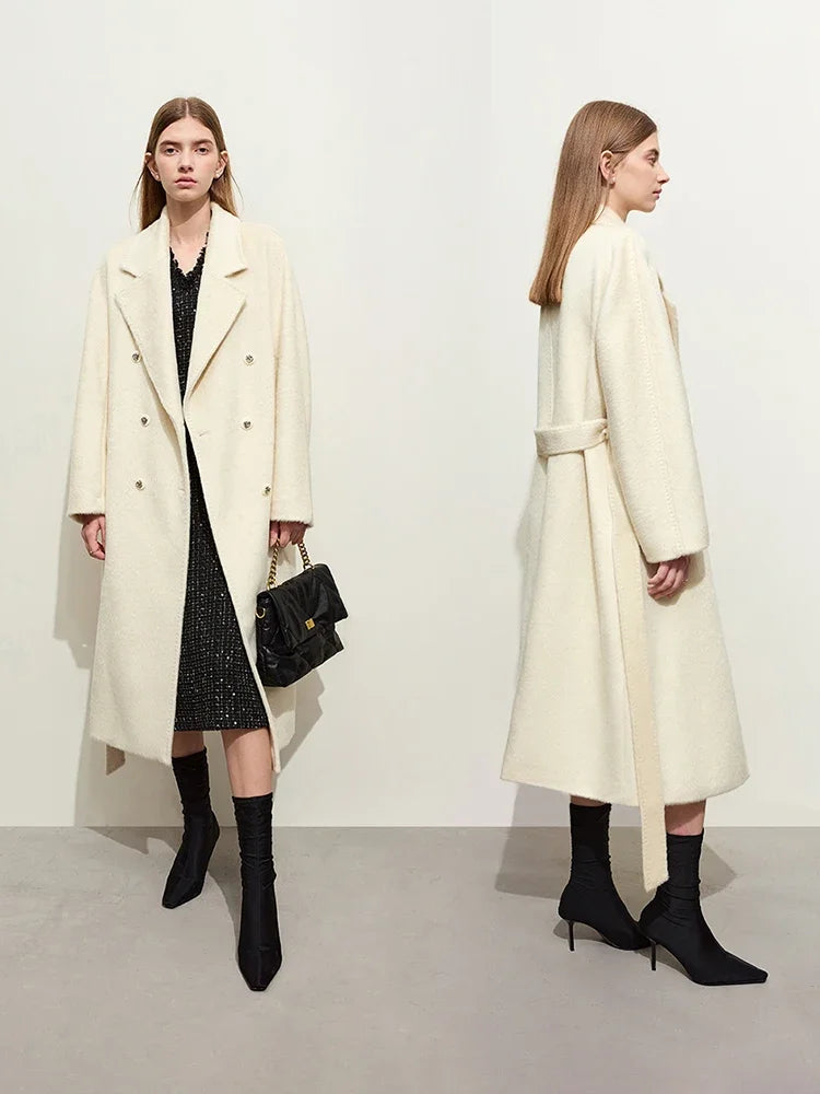 Damen Wollmantel im minimalistischen Stil mit Winter-Reverskragen und Gürtel