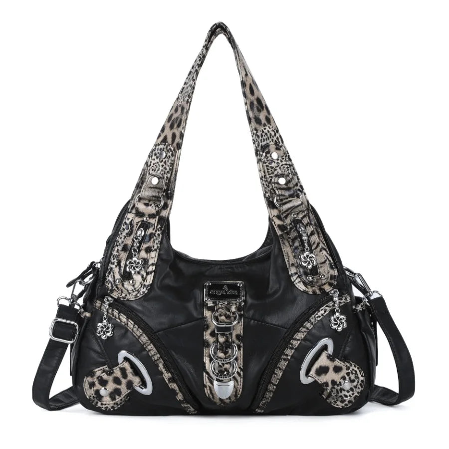 Schwarz-graue Handtasche mit Leopardenmuster, Schulterriemen und Metall-Kettenringverschluss
