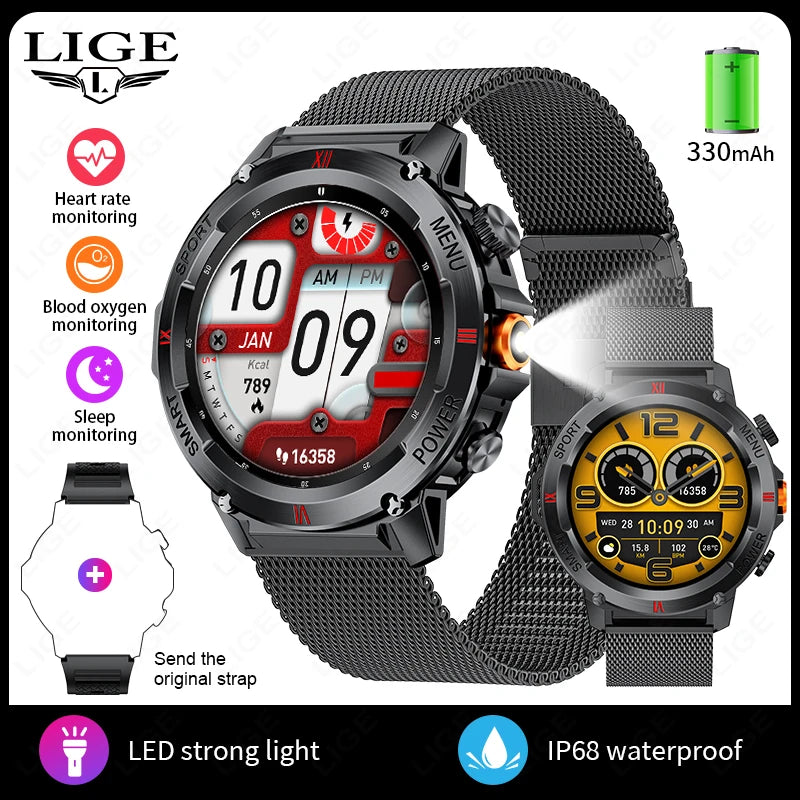 LIGE 2025 Neue Outdoor Smartwatch LED Taschenlampe Männer IP68 Wasserdichte Bluetooth Anruf Sport Fitness Track Smart Uhr Für Xiaomi