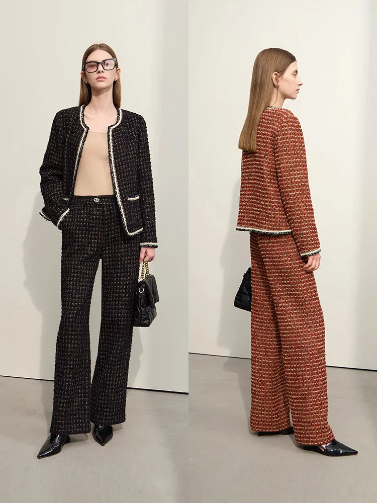 Damen Tweed Mantel im minimalistischen Stil mit Taschen und elegantem O-Neck