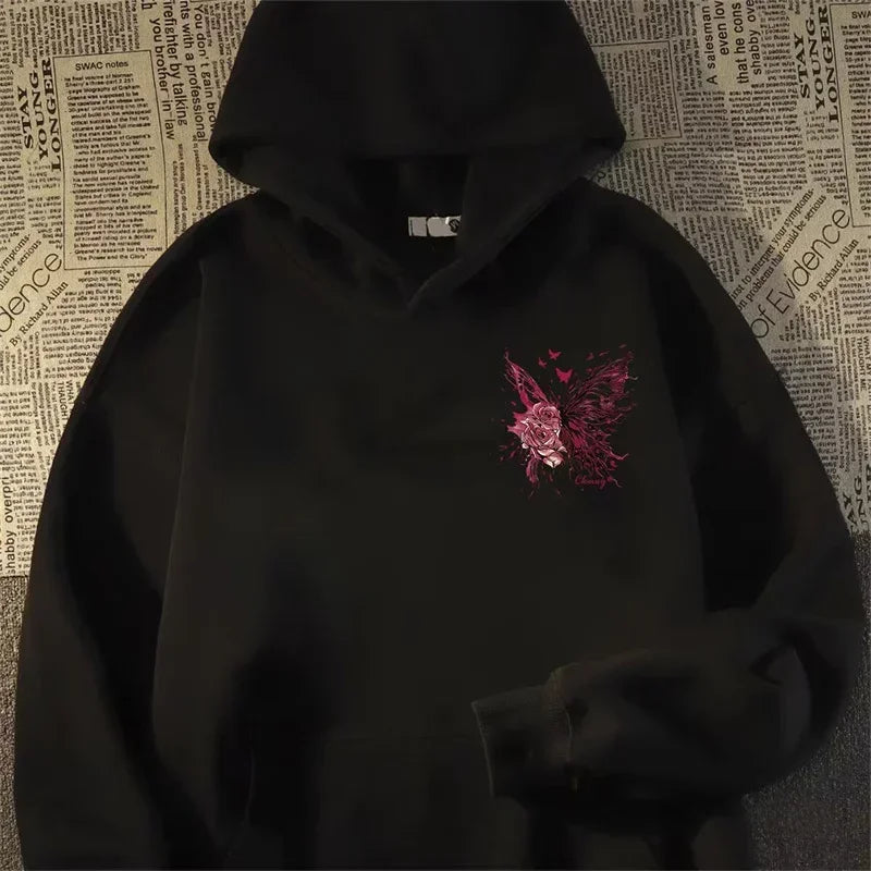 Herren Hoodie mit kreativer Schmetterling Rose Grafik im Hip Hop Stil