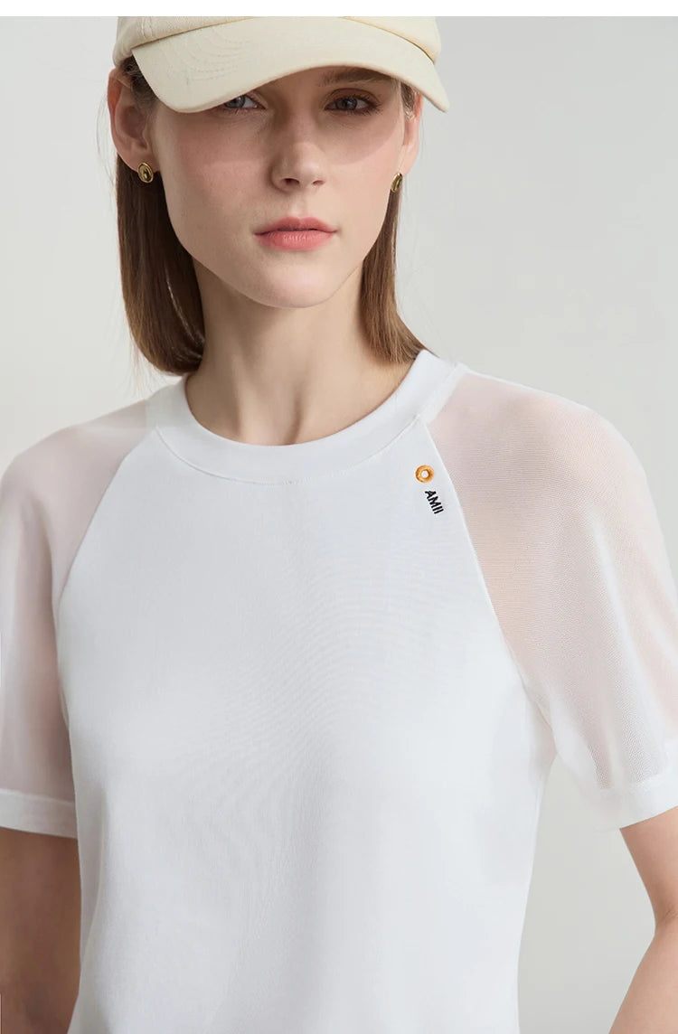 Damen T-Shirt im Casual-Stil mit gesticktem Rundhals und kurzen Ärmeln