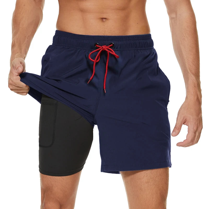 Lange Herren-Shorts aus Polyester mit Innenfutter und seitlicher Reißverschlusstasche – ideal für Strand und Fitnessstudio