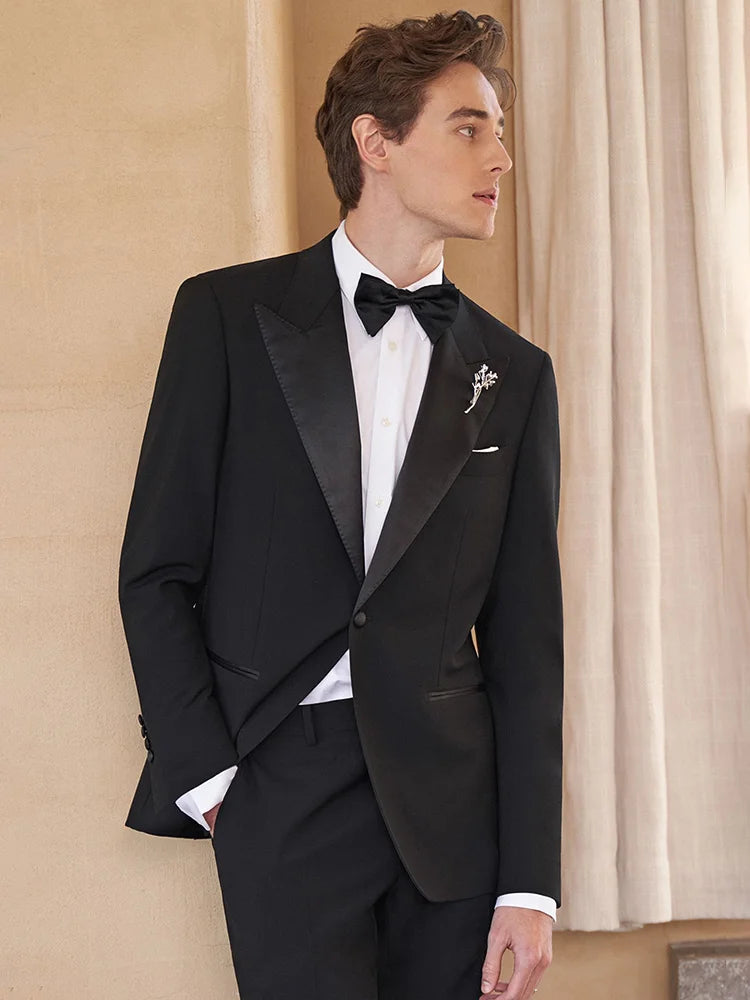 Eleganter Herrenanzug aus 30% Wolle: Schwarzer Slim Fit Ein-Knopf-Blazer für Hochzeiten und Feiern