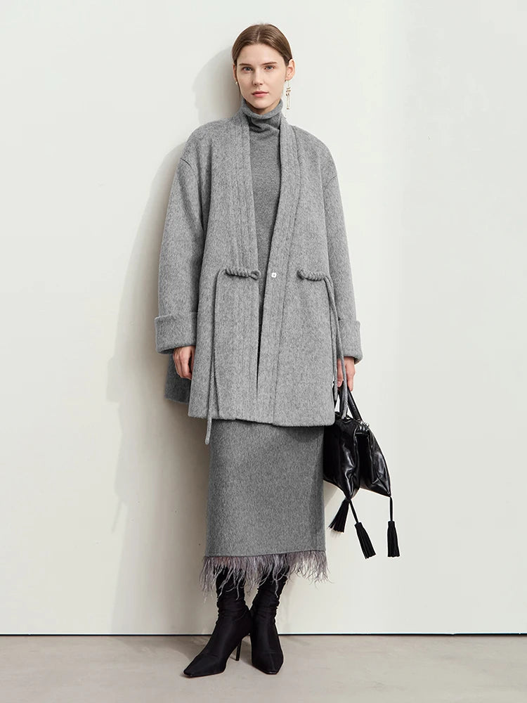 Damen Wollmantel im minimalistischen Neo-Chinesischen Stil mit V-Ausschnitt und Taschen