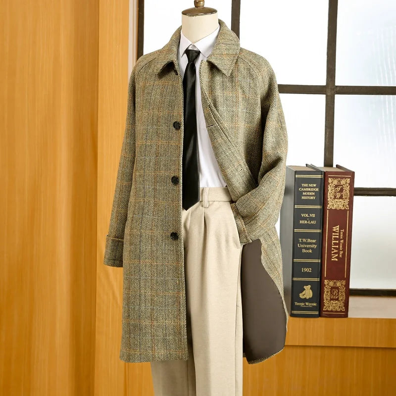 Herren Tweed Balmacaan Mantel im klassischen Hahnentritt-Muster für den Winter
