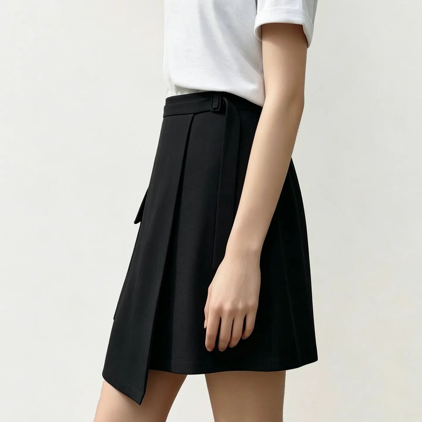 Asymmetrischer A-Linien Minirock schwarz, seitlicher Fall mit Bindung am Bund