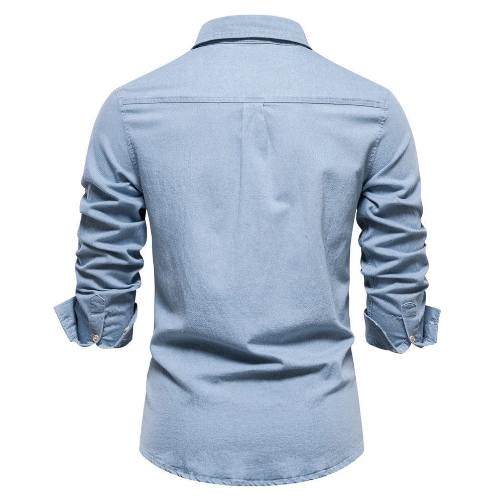 Herren Hemd aus Baumwolle im einfarbigen Denim-Look mit Tasche