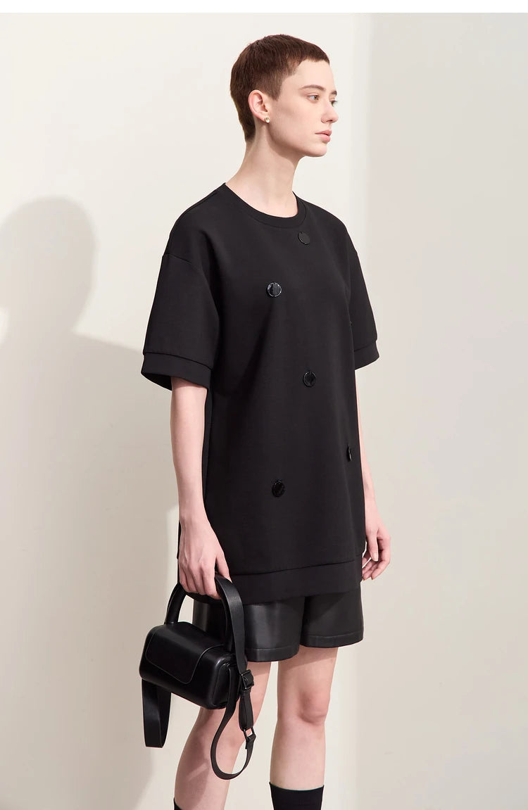 Damen T-Shirts im Minimalismus-Stil mit losem Patchwork und Dekoration