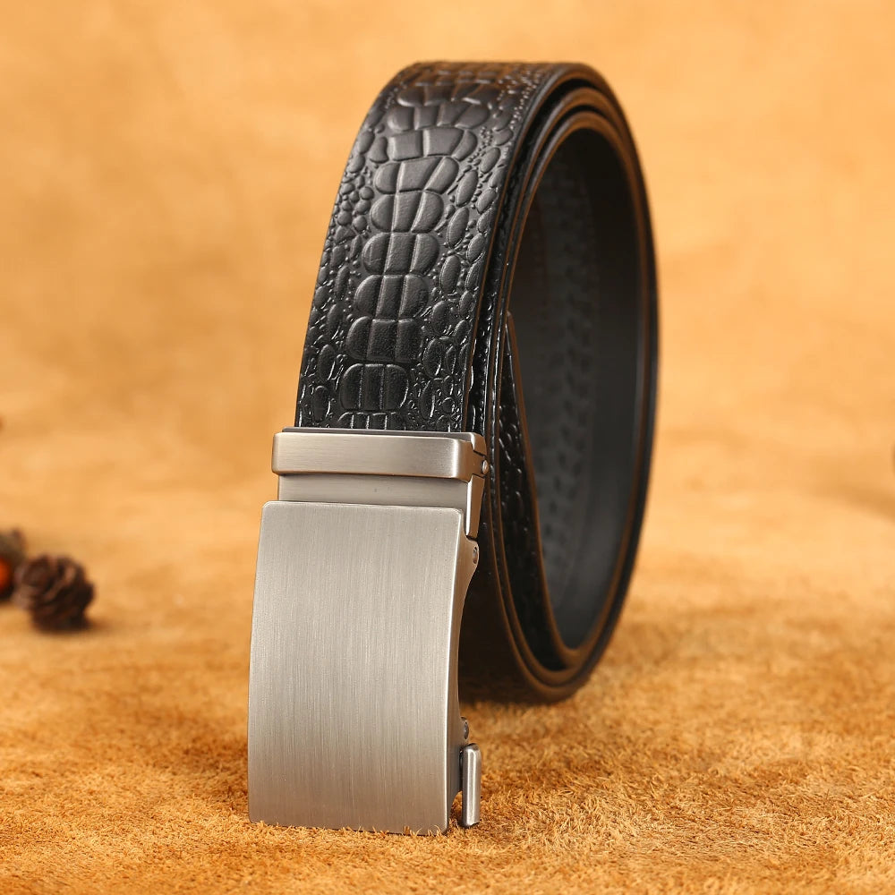Herren Echtleder-Gürtel Krokodilmuster 3,5 cm Automatik-Schnalle Luxus Rindsleder