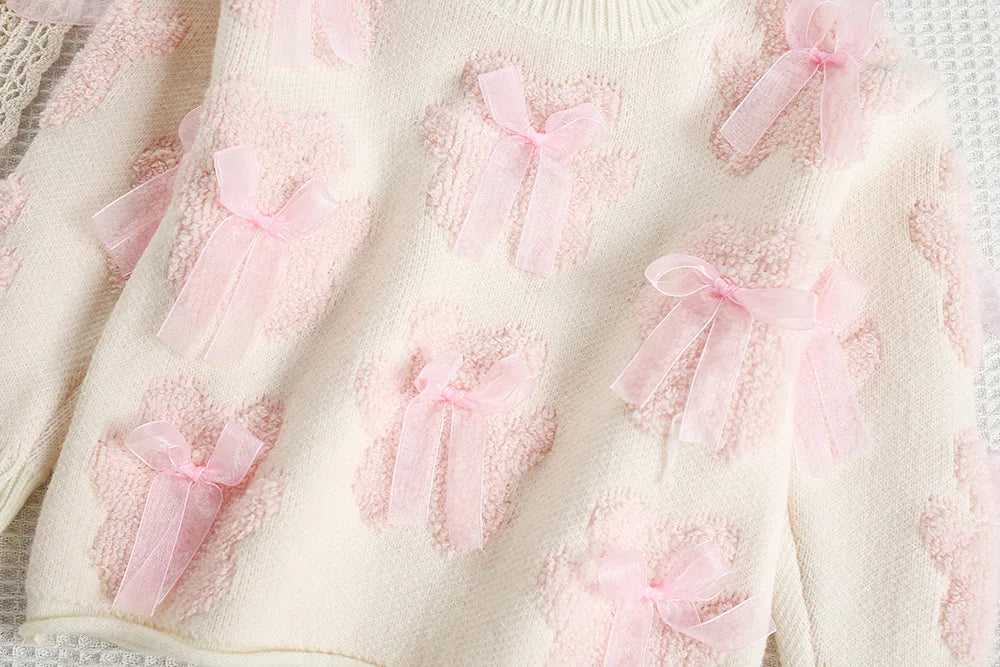 Mädchen Outfit Set mit süßem Bär Bogen Pullover und Mesh Rock