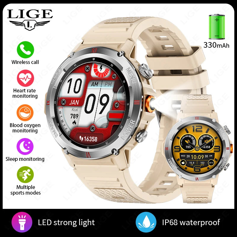 LIGE 2025 Neue Outdoor Smartwatch LED Taschenlampe Männer IP68 Wasserdichte Bluetooth Anruf Sport Fitness Track Smart Uhr Für Xiaomi