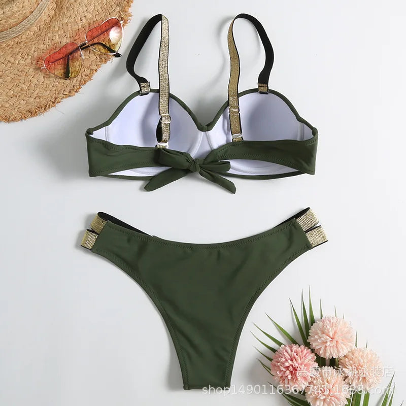 Sexy Bikini-Set in Rosenrot mit Strasssteinen – Push-Up-Badeanzug für Damen am Strand oder Pool