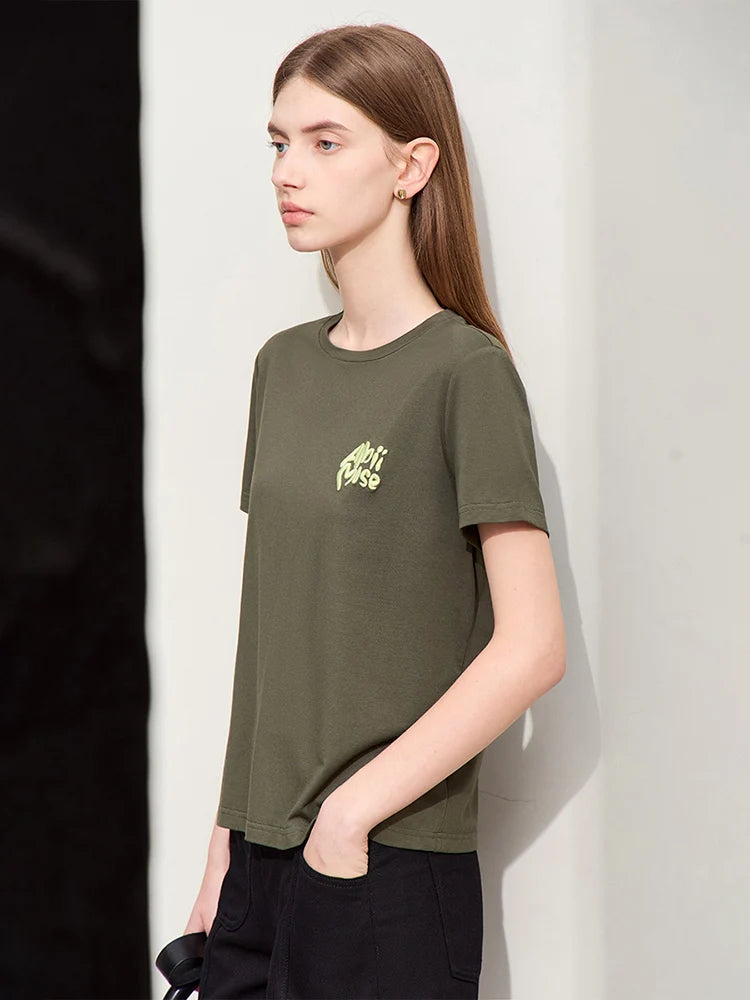 Damen T-Shirt im Minimalismus-Stil mit O-Ausschnitt und Stickerei