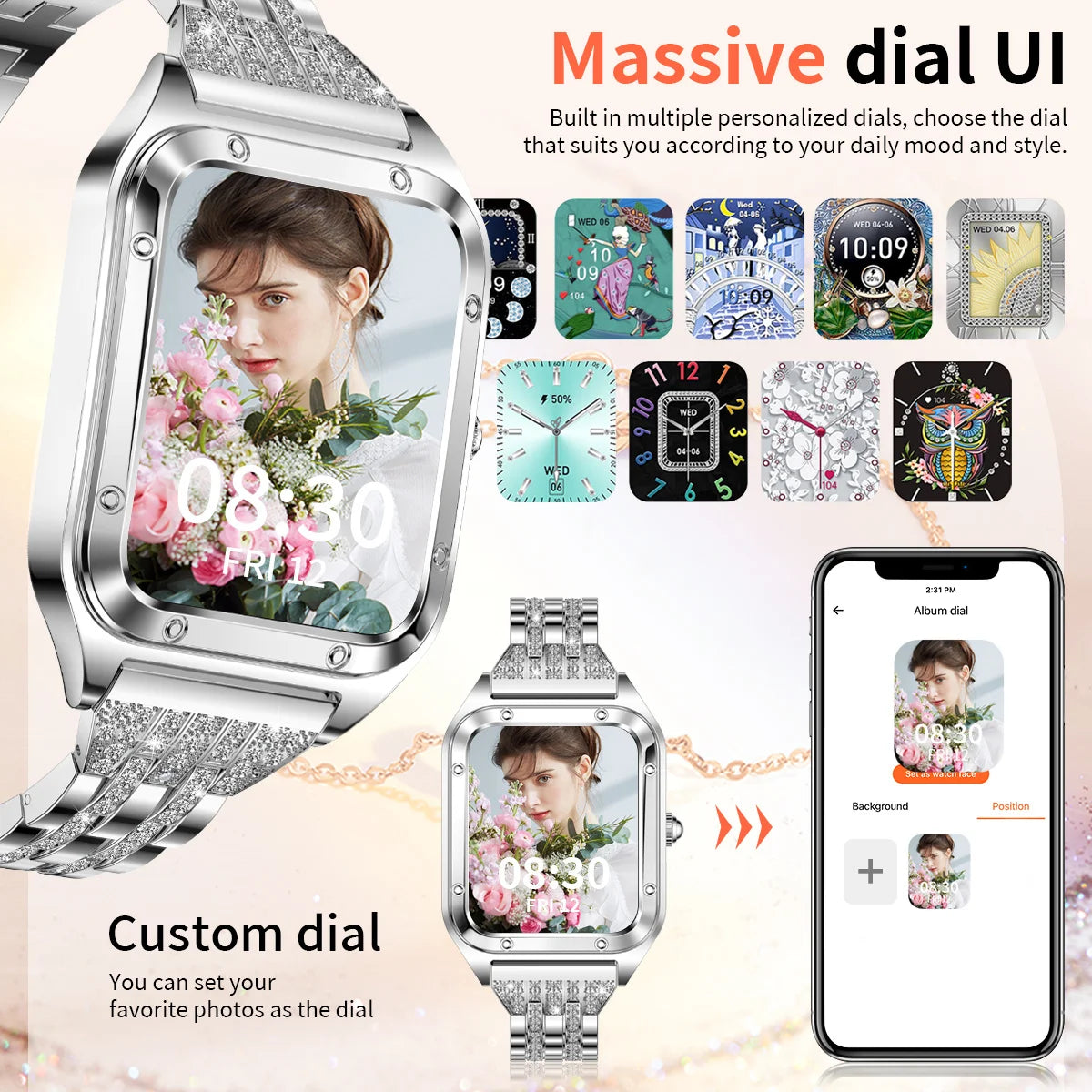 Damen Smartwatch mit 1,57 Zoll Full Touch Screen und Gesundheits-Tracker