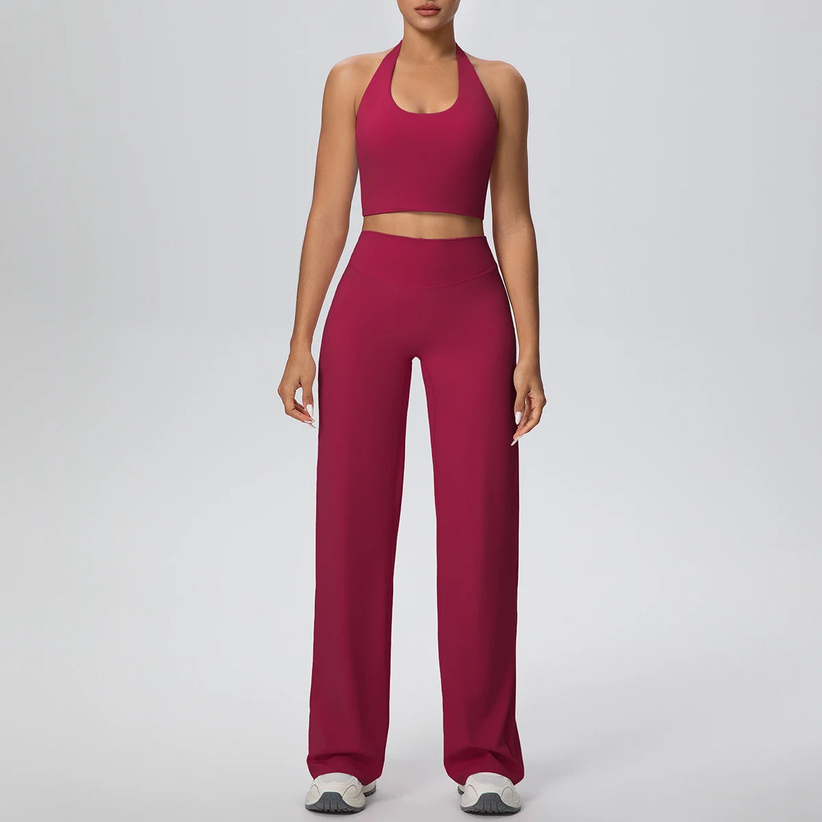Yoga-Set mit rutschfestem Sport-BH und weiten High-Waist-Leggings, burgunderrot