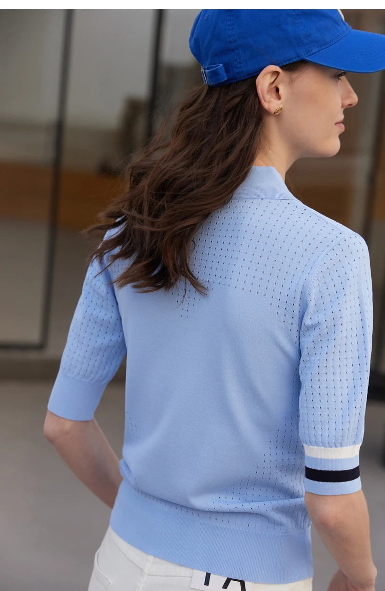 Damen Pullover im Minimalismus-Stil mit Polo-Ausschnitt und Kontrastfarben