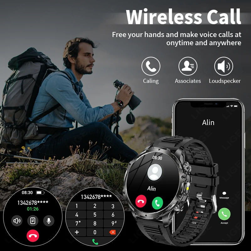 Herren Smartwatch für Outdoor-Sport mit wasserdichter Bluetooth-Funktion und LED-Taschenlampe