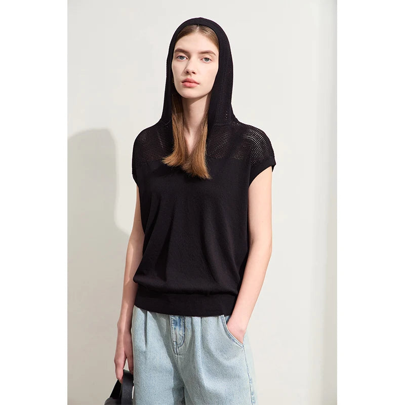 Damen-Kurzarm-Strickpullover mit Kapuze, schwarz, lockere Passform