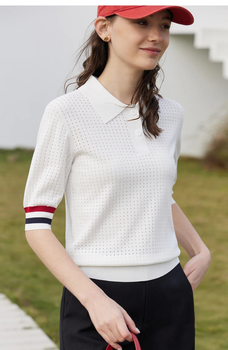 Damen Pullover im Minimalismus-Stil mit Polo-Ausschnitt und Kontrastfarben