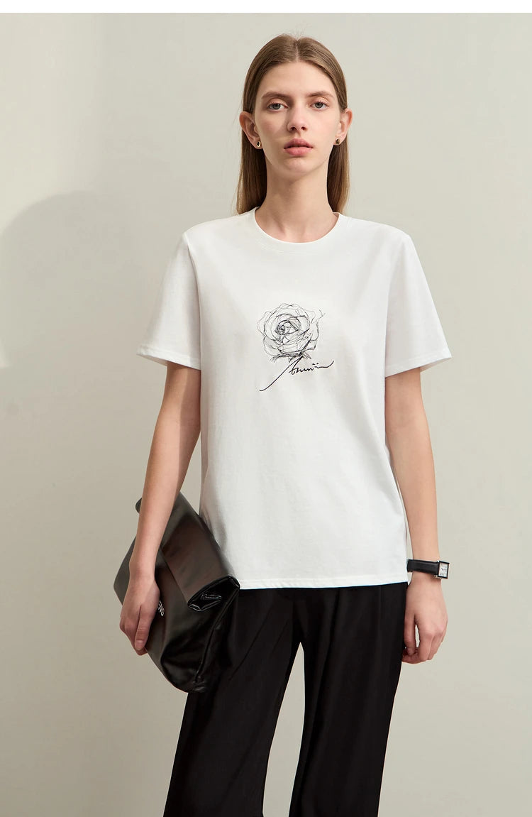 Damen Kurzarm-T-Shirt im minimalistischen Stil mit O-Ausschnitt und Stickerei