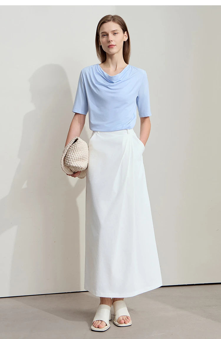 Damen T-Shirt mit drapierter Kragen- und besticktem Design aus modalem Strick