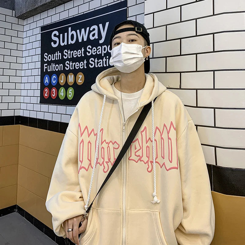 Herren Hoodie mit Gothic Letter Foam Print und Reißverschluss für Streetwear