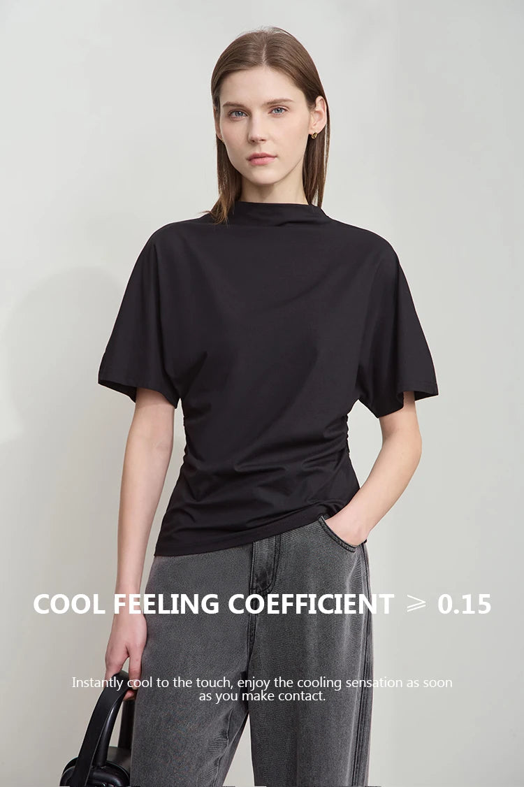 Damen T-Shirt im minimalistischen Sommer-Stil mit solidem Rollkragen und Kurzarm