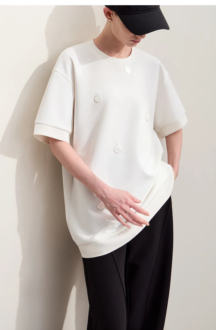 Damen T-Shirts im Minimalismus-Stil mit losem Patchwork und Dekoration