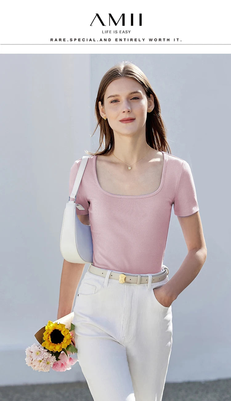 Damen Tops und T-Shirts im minimalistischen Stil mit quadratischem Kragen