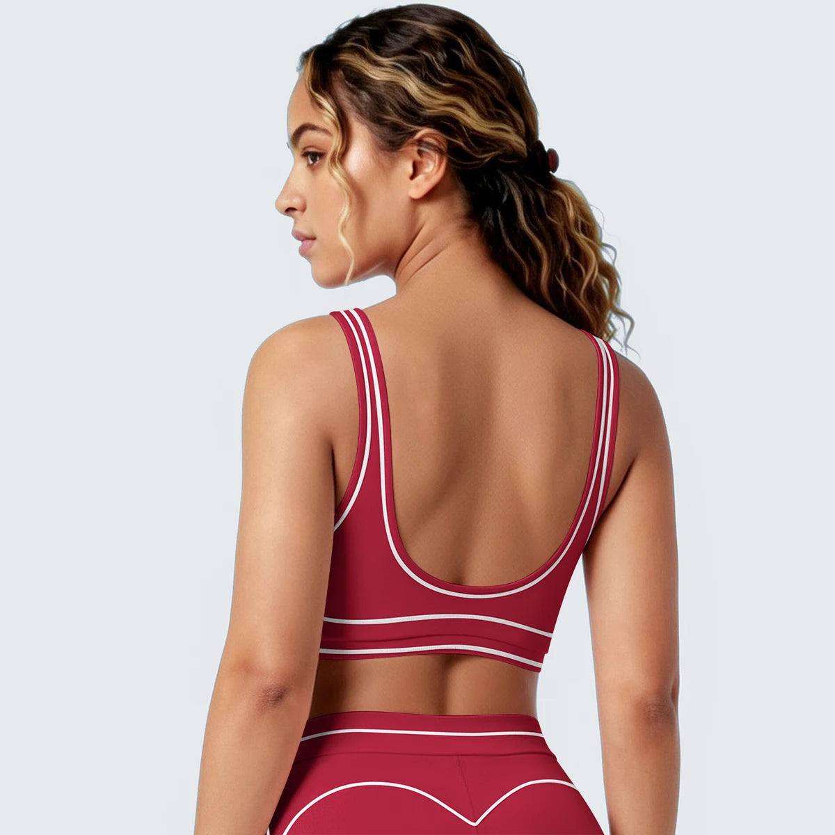Damen-Yoga-Top mit Racerback, rundem Rückenausschnitt, rot mit hellen Kontrastkanten