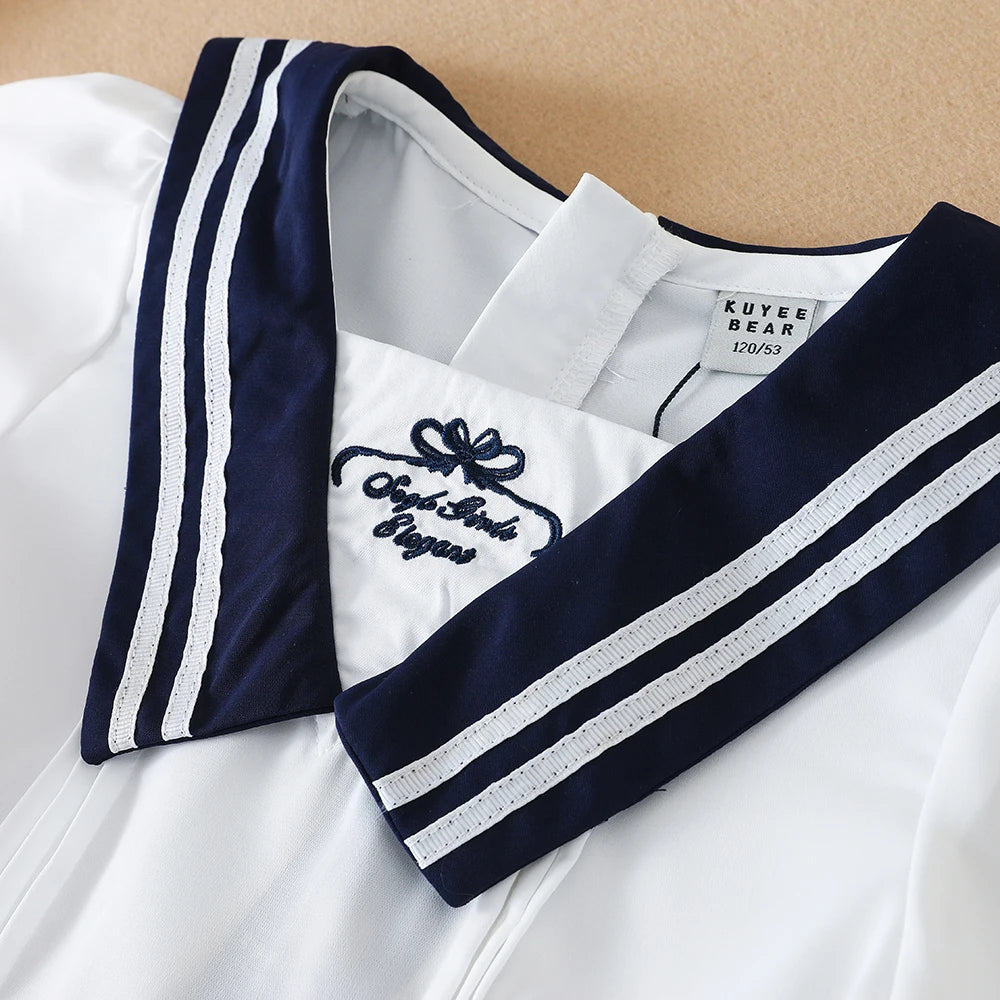 Kurzärmliges Sommerkleid für Mädchen für 5–12 Jahre, adrette Kleider mit gestreiftem Kragen im College-Stil, Kleidung für den Schulanfang