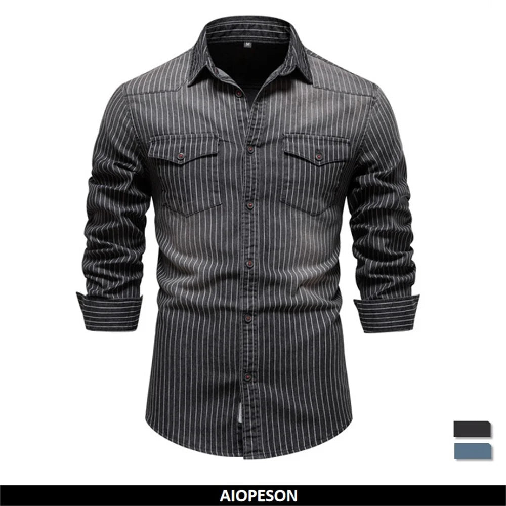 Herren Denim Shirts aus Baumwolle mit Streifen und langem Arm