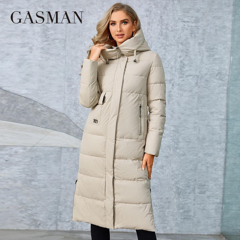 Lange Damen-Daunenjacke mit großen Taschen und modischem Steppdesign – ideal für kalte Tage