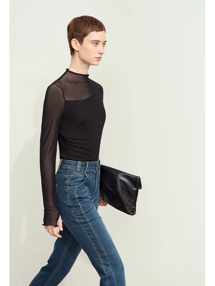 Damen Mesh-T-Shirt im minimalistischen Design mit halbhohem Ausschnitt