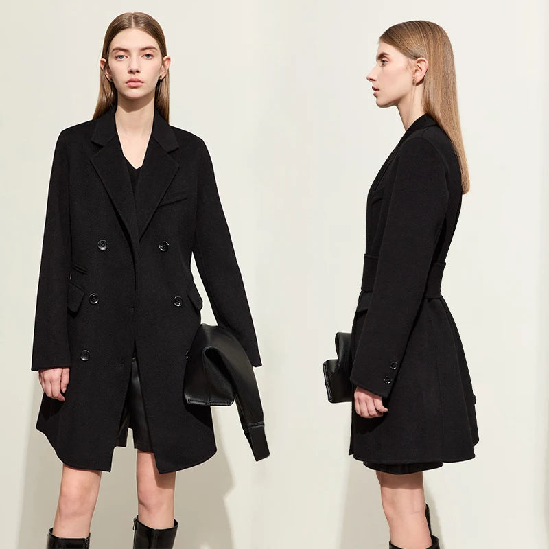 Damen mittellange Jacke aus modischer Wolle mit Gürtel und Reversmänteln