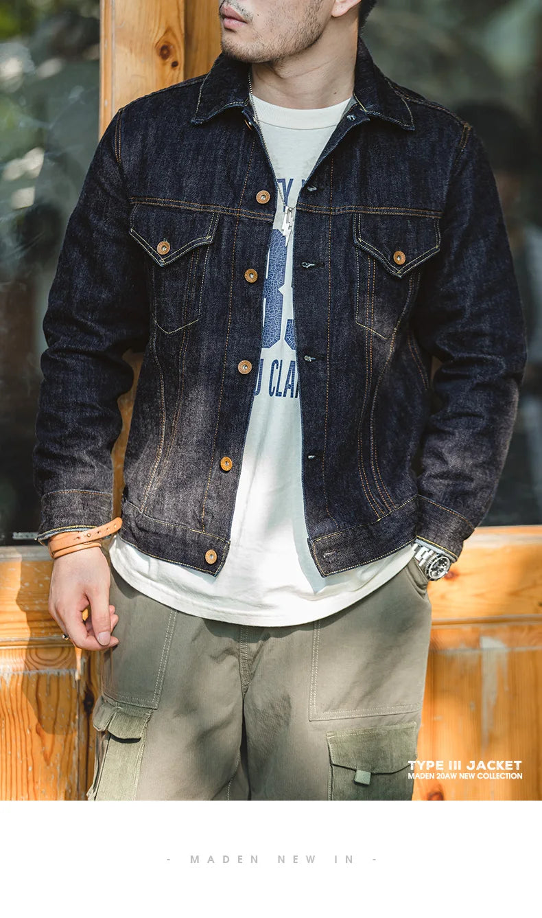 Herren Jeansjacke Vintage 14,8 Unzen Denim Klassisch Slim Fit Mantel